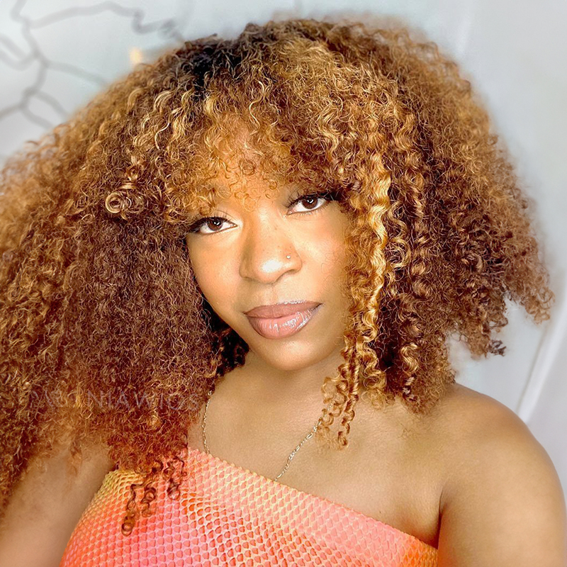 Perruque frisée afro crépue 13x4 avec frange perruques avant en dentelle de cheveux humains