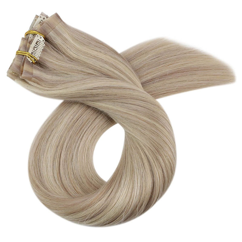 Extensions de cheveux humains Remy à clip sans couture en PU blond cendré (#P18/613)