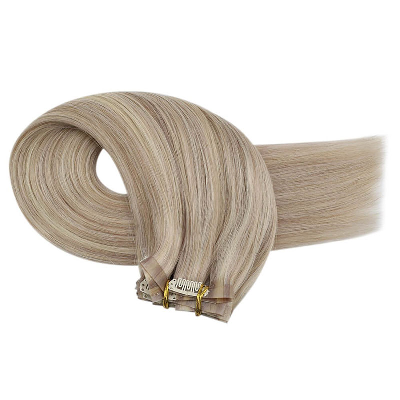 Extensions de cheveux humains Remy à clip sans couture en PU blond cendré (#P18/613)