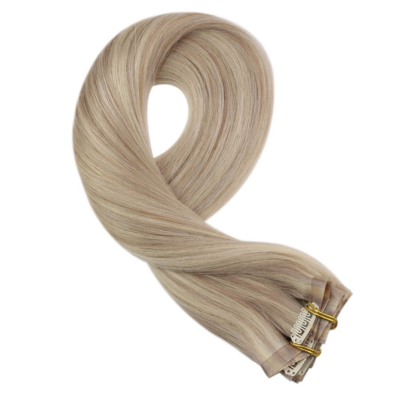Extensions de cheveux humains Remy à clip sans couture en PU blond cendré (#P18/613)