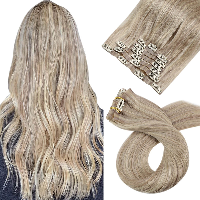 Extensions de cheveux humains Remy à clip sans couture en PU blond cendré (#P18/613)