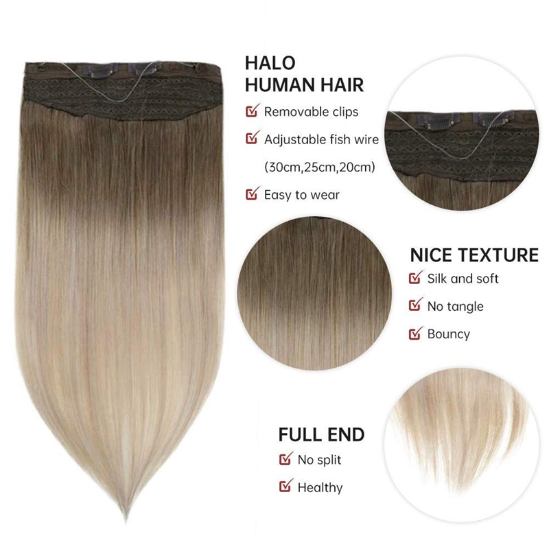 Extensions de cheveux Balayage Halo cheveux humains bruns et blonds #8/60/18