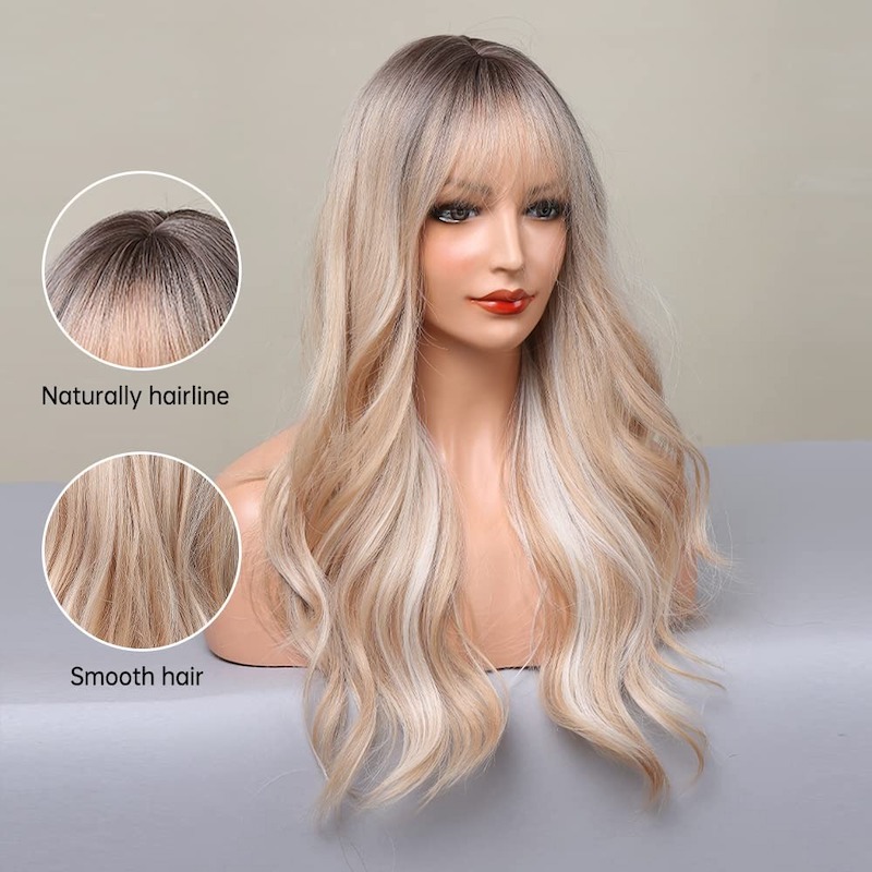 Perruque blonde mixte blanche ondulée avec frange, racines foncées, perruques bouclées en fibres synthétiques