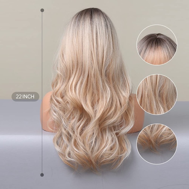 Perruque blonde mixte blanche ondulée avec frange, racines foncées, perruques bouclées en fibres synthétiques