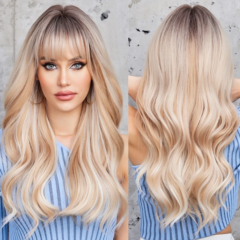 Perruque blonde mixte blanche ondulée avec frange, racines foncées, perruques bouclées en fibres synthétiques