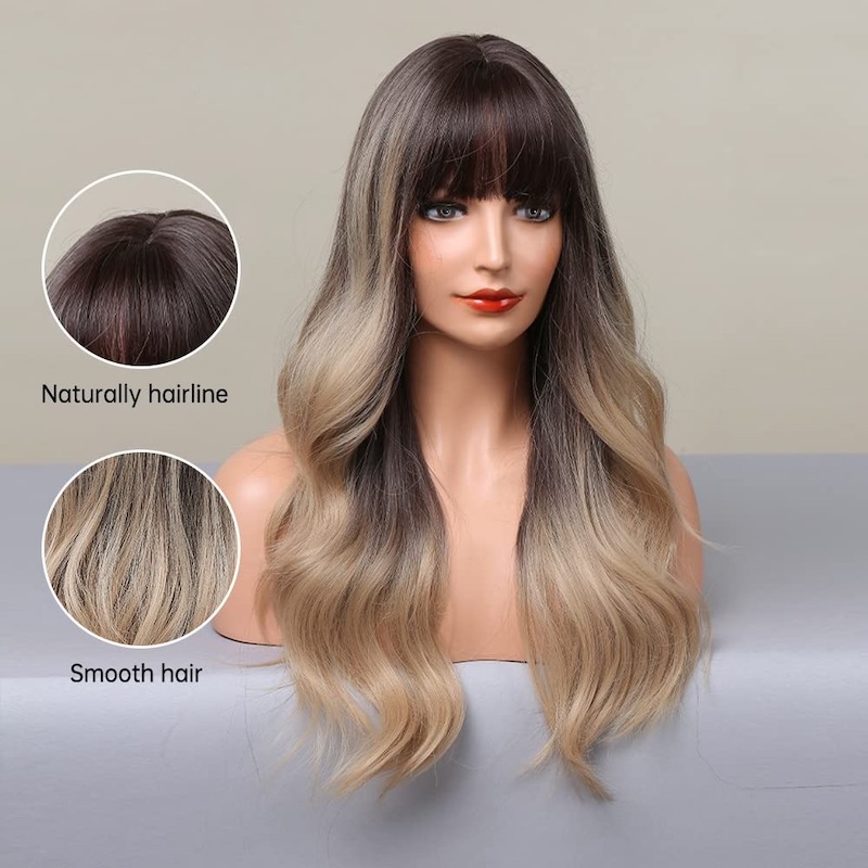 Perruque ondulée blonde gris ombré avec frange, perruque synthétique bouclée à racines foncées