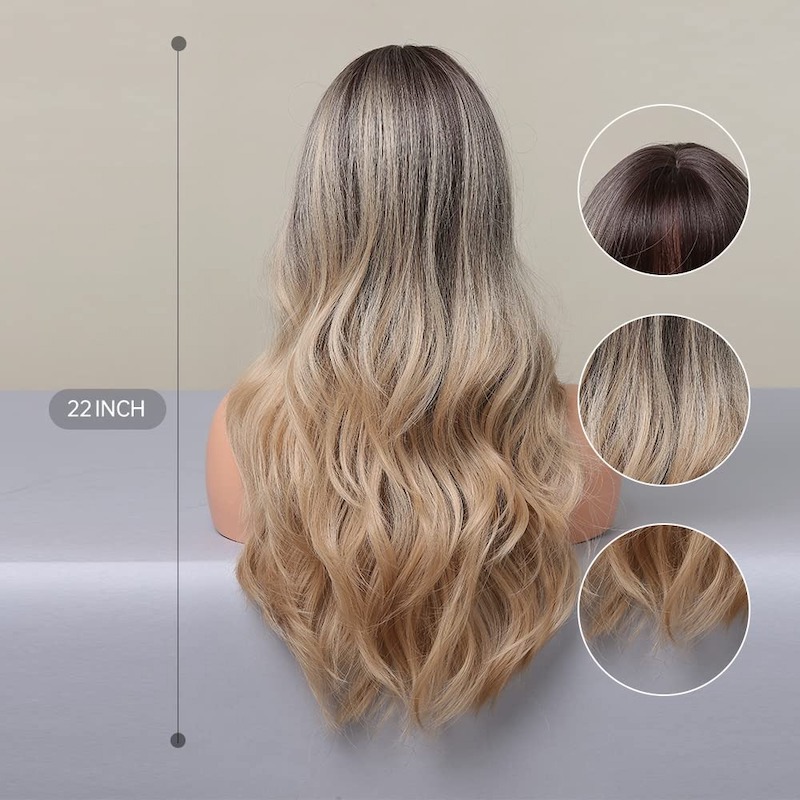 Perruque ondulée blonde gris ombré avec frange, perruque synthétique bouclée à racines foncées