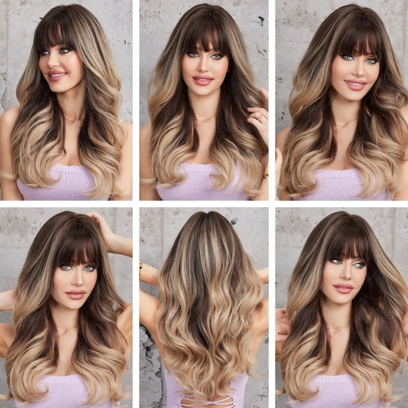 Perruque ondulée blonde gris ombré avec frange, perruque synthétique bouclée à racines foncées