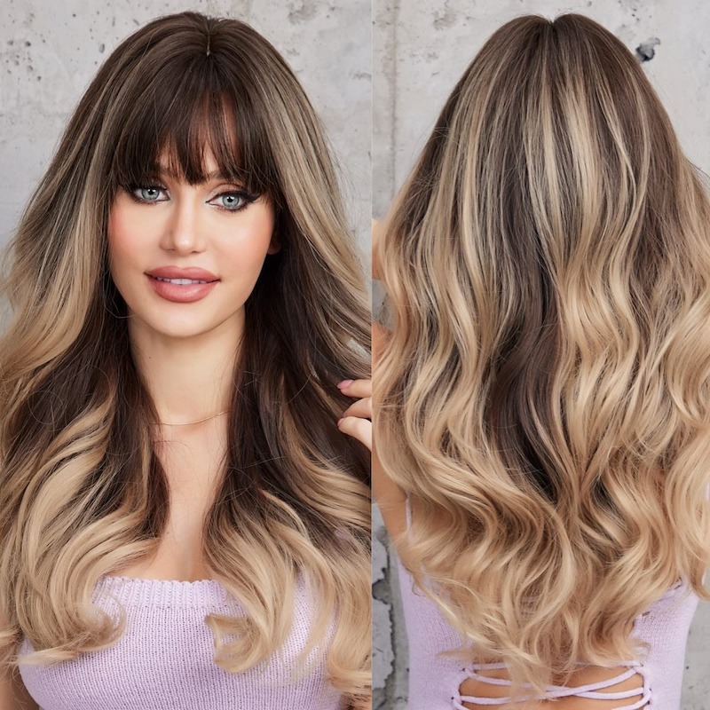 Perruque ondulée blonde gris ombré avec frange, perruque synthétique bouclée à racines foncées