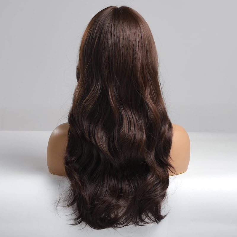 Perruque brune avec frange, perruque ondulée, perruque synthétique, aspect naturel