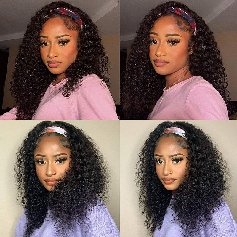 Deep Wave Headband Wigs Human Hair None Lace Wigs 150% Density With Baby Hair