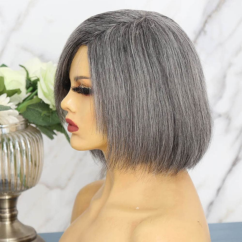 Perruque Bob de cheveux humains gris, perruque droite de cheveux sel et poivre 150% 10 pouces