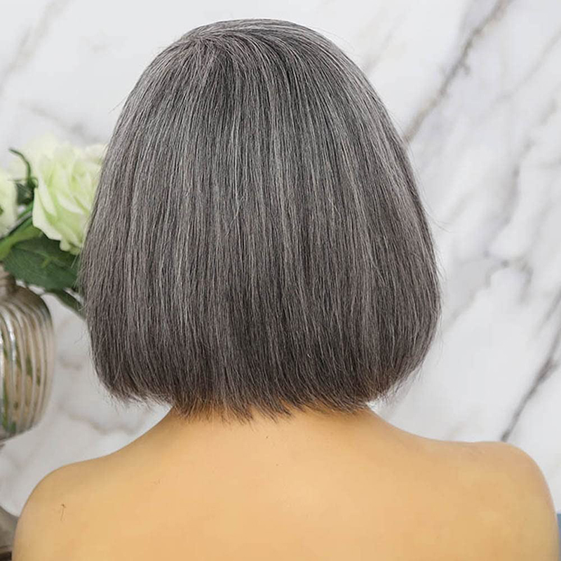 Perruque Bob de cheveux humains gris, perruque droite de cheveux sel et poivre 150% 10 pouces