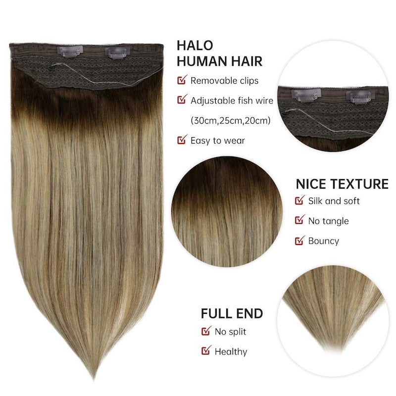 Extensions de cheveux Halo blonds à reflets, Extensions de fil de poisson brun #4/24/4