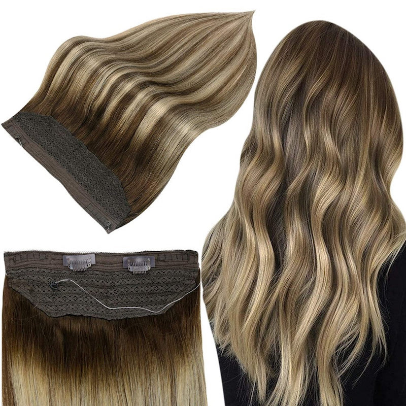Extensions de cheveux Halo blonds à reflets, Extensions de fil de poisson brun #4/24/4