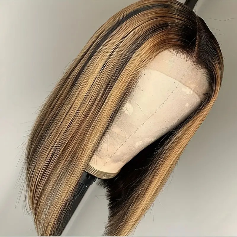Perruque Bob à reflets naturels, cheveux blonds miel, pré-épilés avec cheveux de bébé