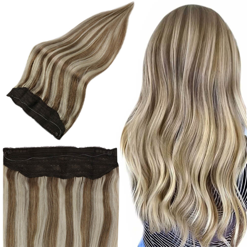Mettre en évidence l'extension de cheveux Halo Extensions de fil de poisson réel humain # P8/60