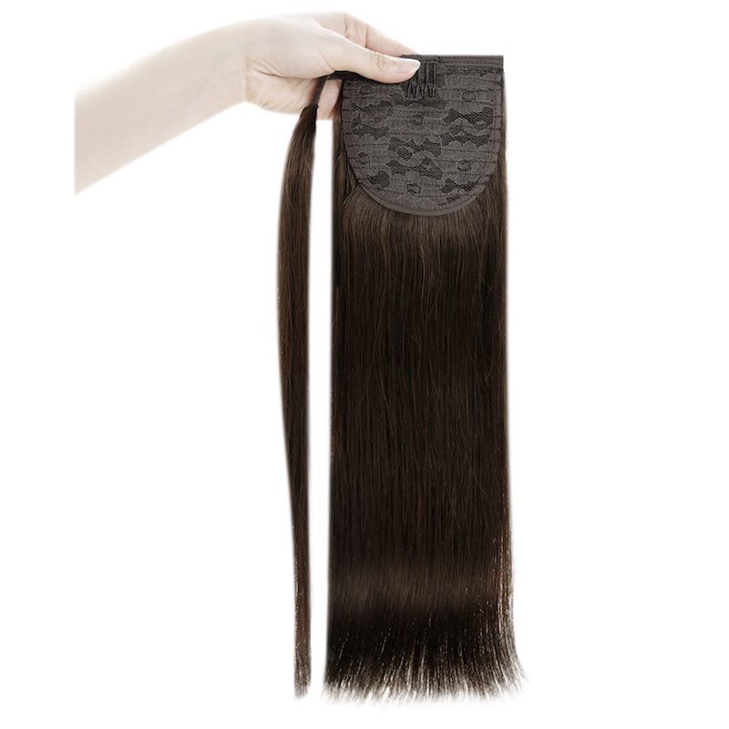 Extensions de queue de cheval de cheveux humains à enrouler autour du clip en 100G #2 Brun le plus foncé