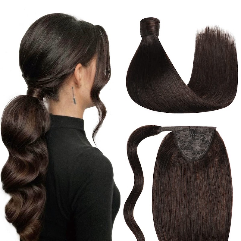 Extensions de queue de cheval de cheveux humains à enrouler autour du clip en 100G #2 Brun le plus foncé