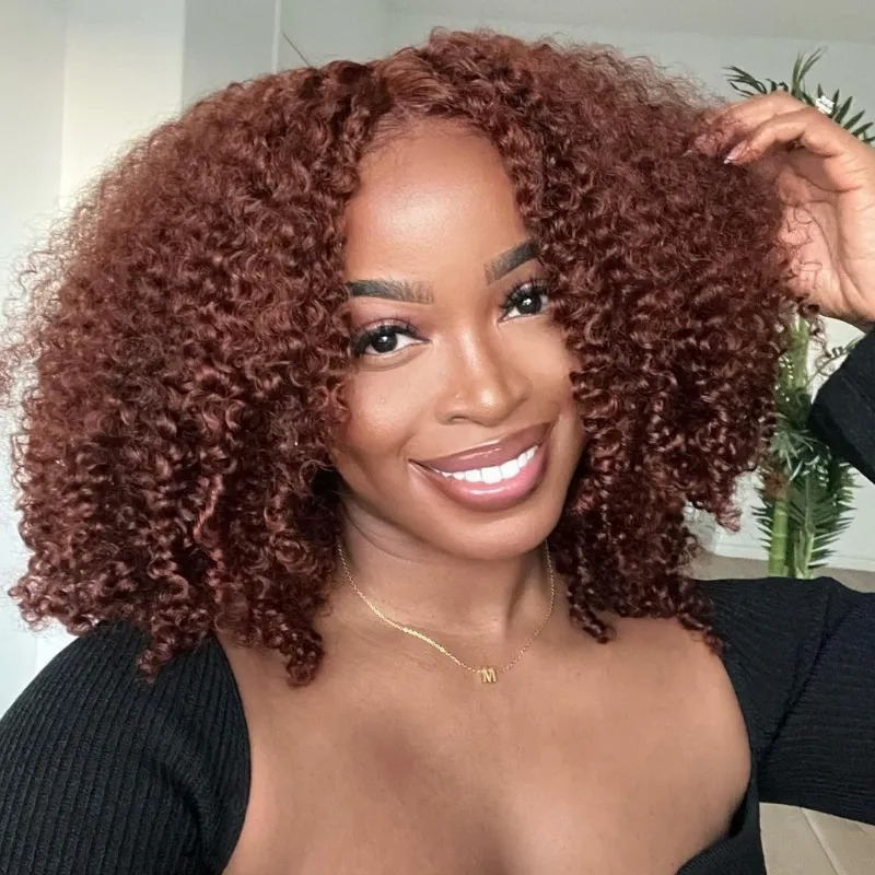Cheveux humains rouge brun 13 x 4 Lace Front crépus bouclés perruque délié pré-plumé