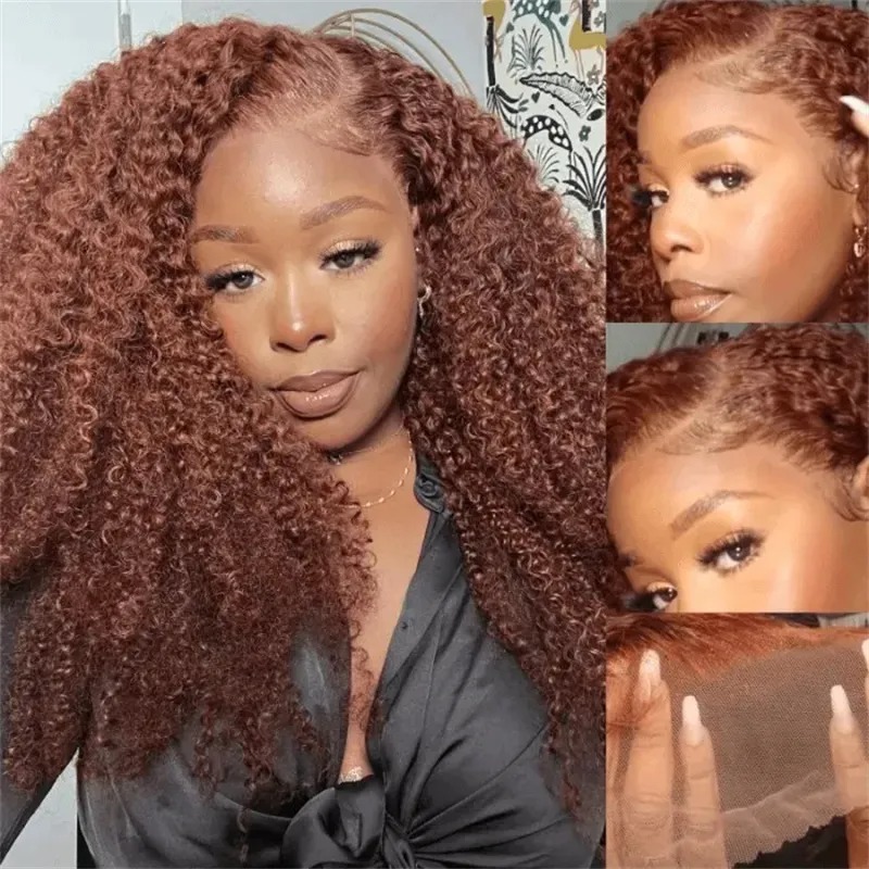 Cheveux humains rouge brun 13 x 4 Lace Front crépus bouclés perruque délié pré-plumé