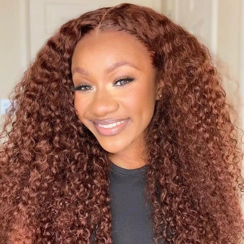 Human Hair Red Brown 13x4 Lace Front Kinky Curly Wig Pre-Plucked Hairline