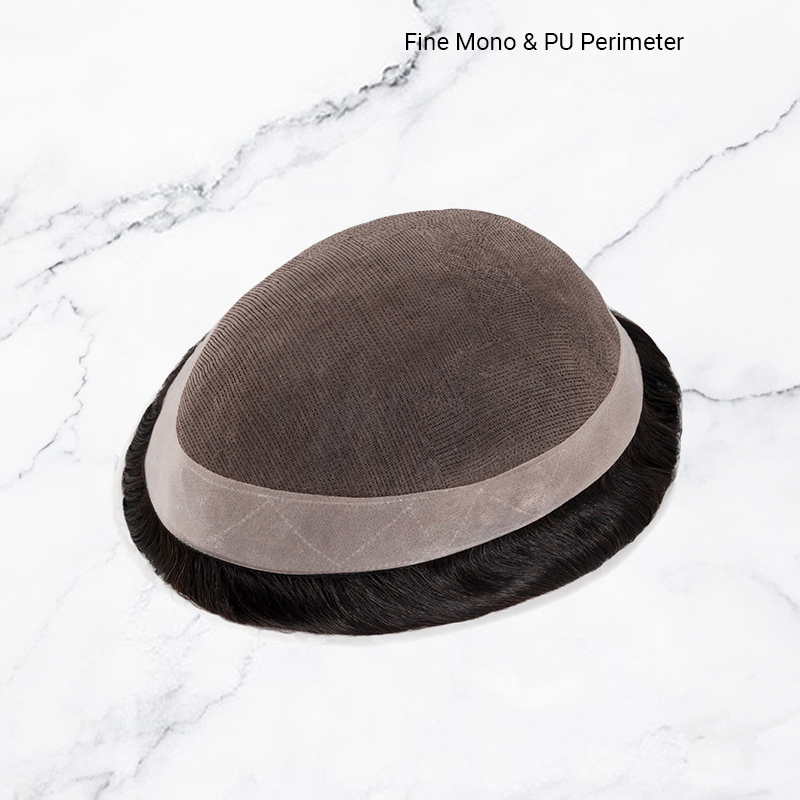Toupet de cheveux humains Système de remplacement de morceaux de cheveux pour hommes Fine Mono avec PU # 1B