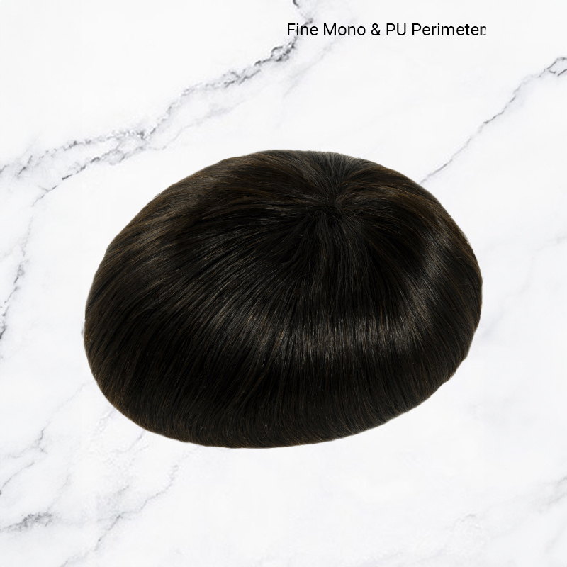 Toupet de cheveux humains Système de remplacement de morceaux de cheveux pour hommes Fine Mono avec PU # 1B