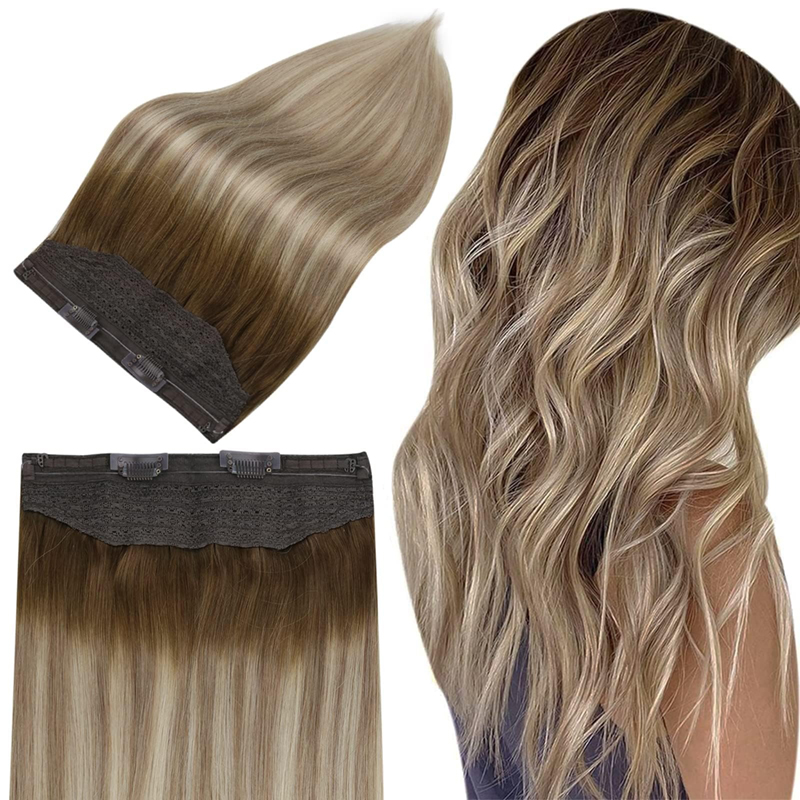 Extensions de cheveux invisibles en fil de fer, cheveux humains ombrés bruns et blonds, 100g