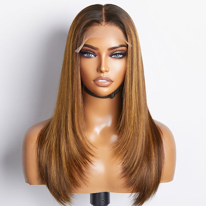 Perruque en dentelle avec fermeture en couches, mélange de bruns et blondes, sans colle, 5x5, pré-épilée