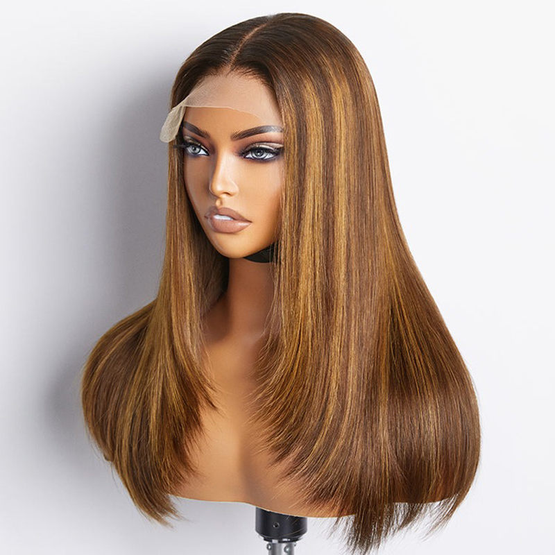 Perruque en dentelle avec fermeture en couches, mélange de bruns et blondes, sans colle, 5x5, pré-épilée