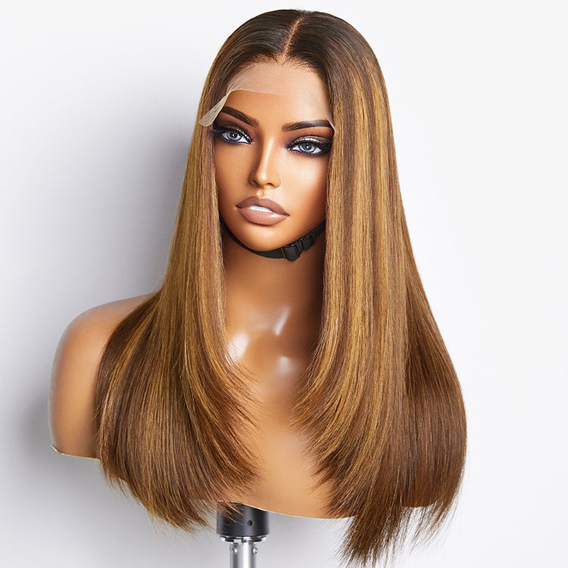 Perruque en dentelle avec fermeture en couches, mélange de bruns et blondes, sans colle, 5x5, pré-épilée