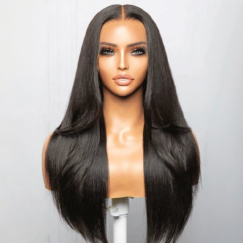Perruque Yaki Lace Wig 100% cheveux humains lisses avec raie centrale et coupe superposée
