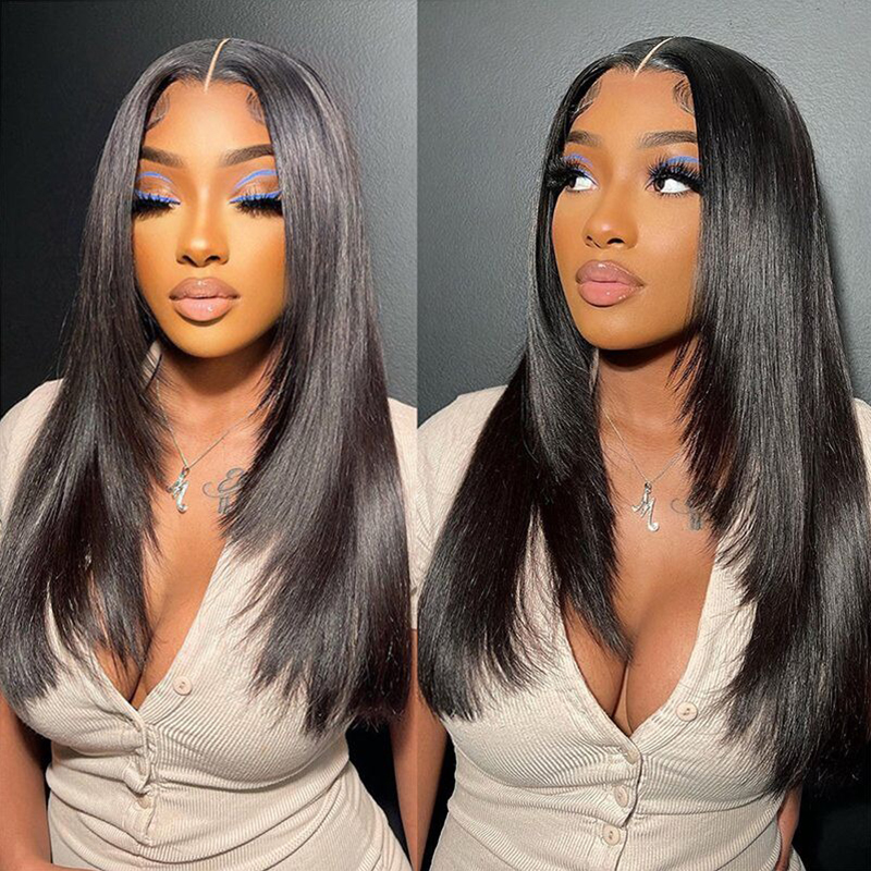 Perruque Yaki Lace Wig 100% cheveux humains lisses avec raie centrale et coupe superposée