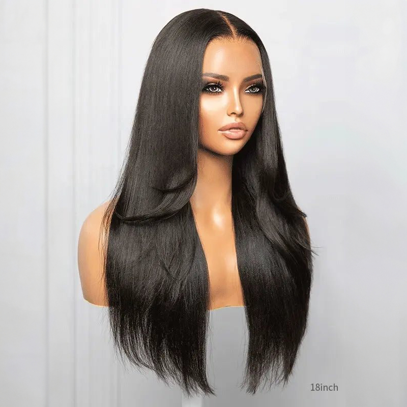 Perruque Yaki Lace Wig 100% cheveux humains lisses avec raie centrale et coupe superposée