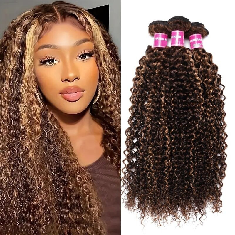 Mèches de cheveux blonds miel, mèches bouclées, tissage de cheveux humains, 3 lots