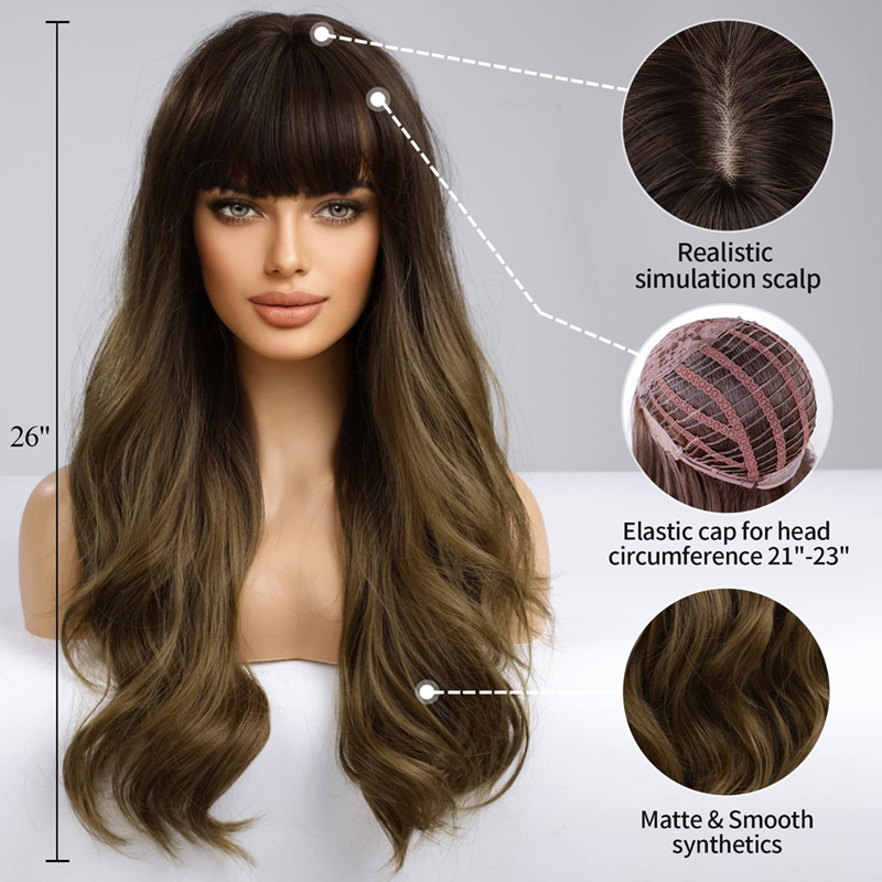 Perruques synthétiques longues bouclées marron ombré avec frange, aspect naturel doux