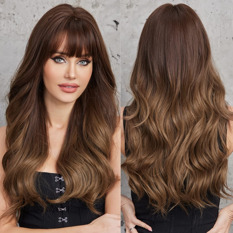 Perruques synthétiques longues bouclées marron ombré avec frange, aspect naturel doux