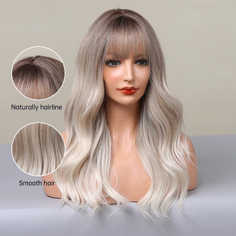 Perruque ondulée blonde grise ombrée avec frange, perruque synthétique bouclée à racines foncées