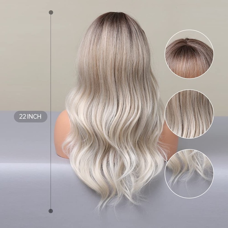 Perruque ondulée blonde grise ombrée avec frange, perruque synthétique bouclée à racines foncées