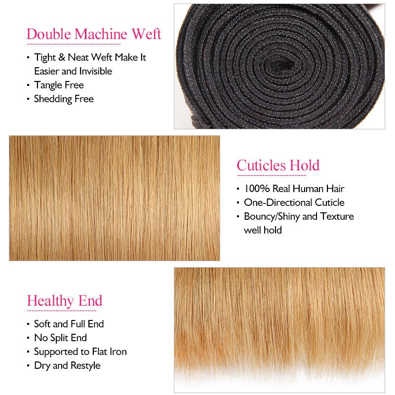 Ombre T1B/27 100% cheveux humains vierges droits 3 paquets avec fermeture en dentelle 4x4