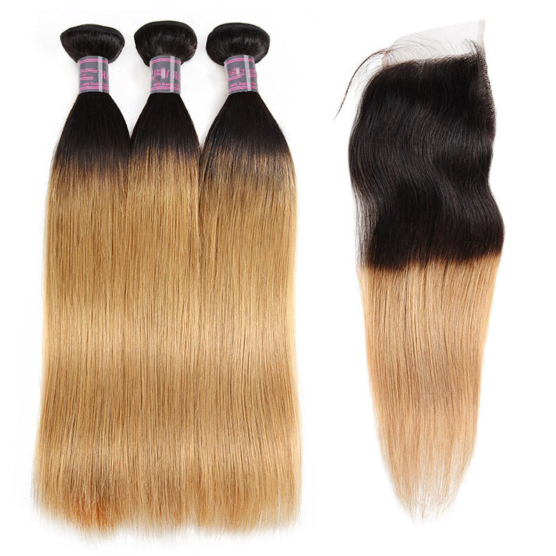 Ombre T1B/27 100% cheveux humains vierges droits 3 paquets avec fermeture en dentelle 4x4