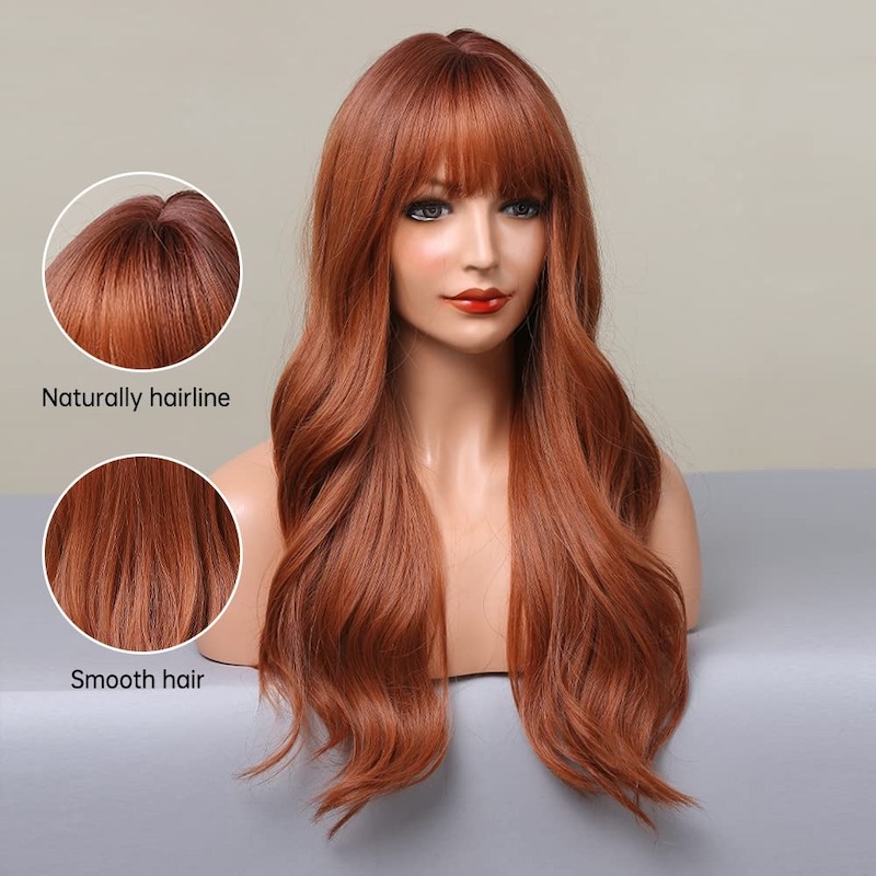Perruques synthétiques marron orange perruque ondulée naturelle avec frange blond fraise