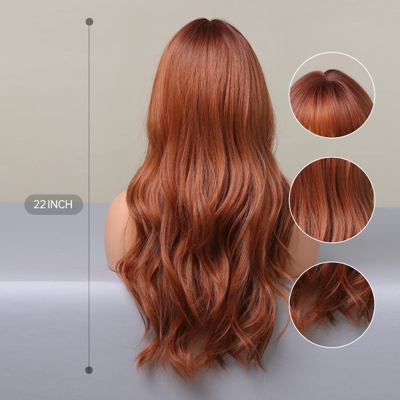 Perruques synthétiques marron orange perruque ondulée naturelle avec frange blond fraise