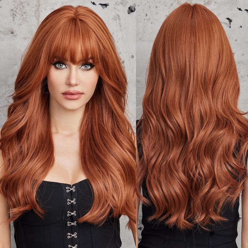 Perruques synthétiques marron orange perruque ondulée naturelle avec frange blond fraise