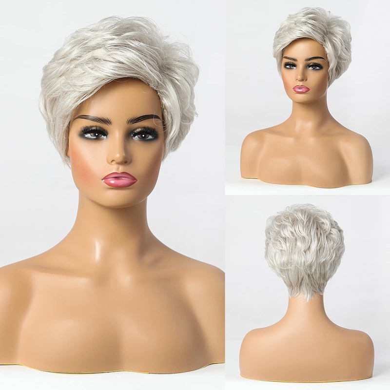 Perruque coupe lutin courte gris argenté pour femme, cheveux naturels superposés