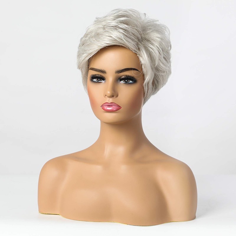 Perruque coupe lutin courte gris argenté pour femme, cheveux naturels superposés