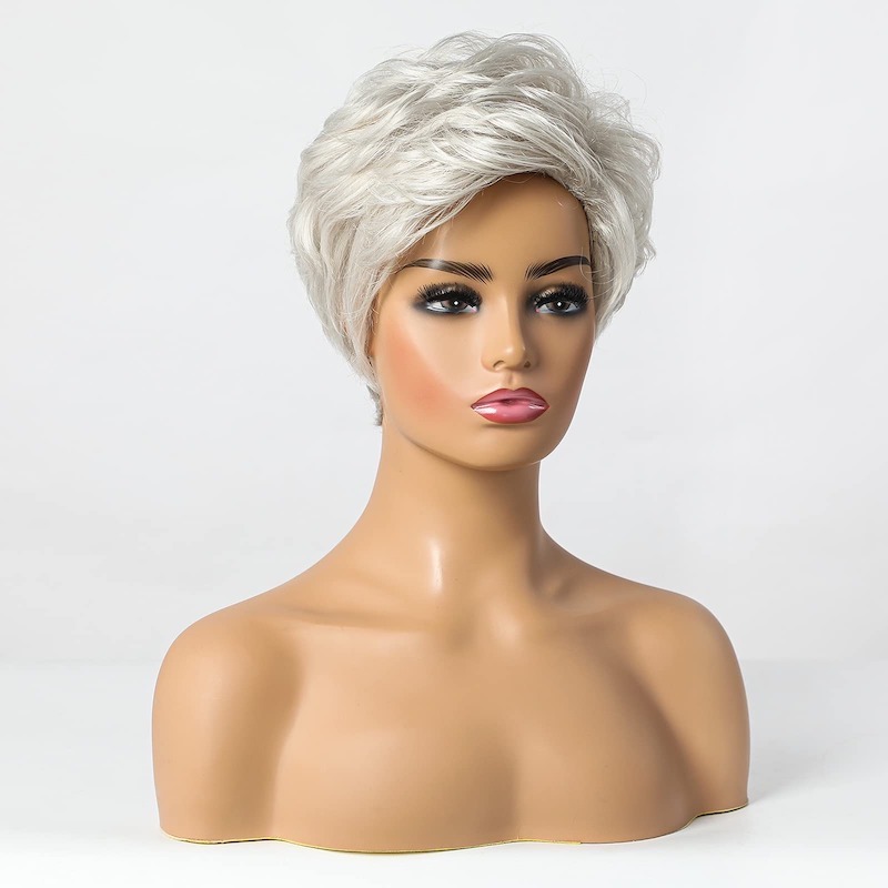 Perruque coupe lutin courte gris argenté pour femme, cheveux naturels superposés