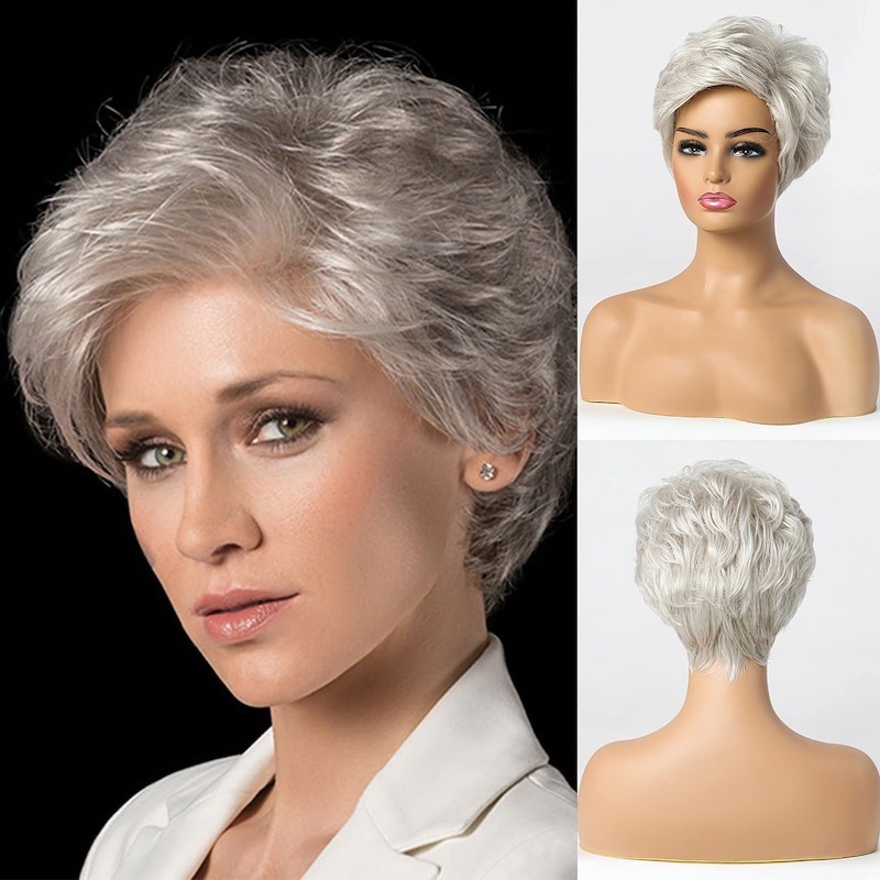 Perruque coupe lutin courte gris argenté pour femme, cheveux naturels superposés