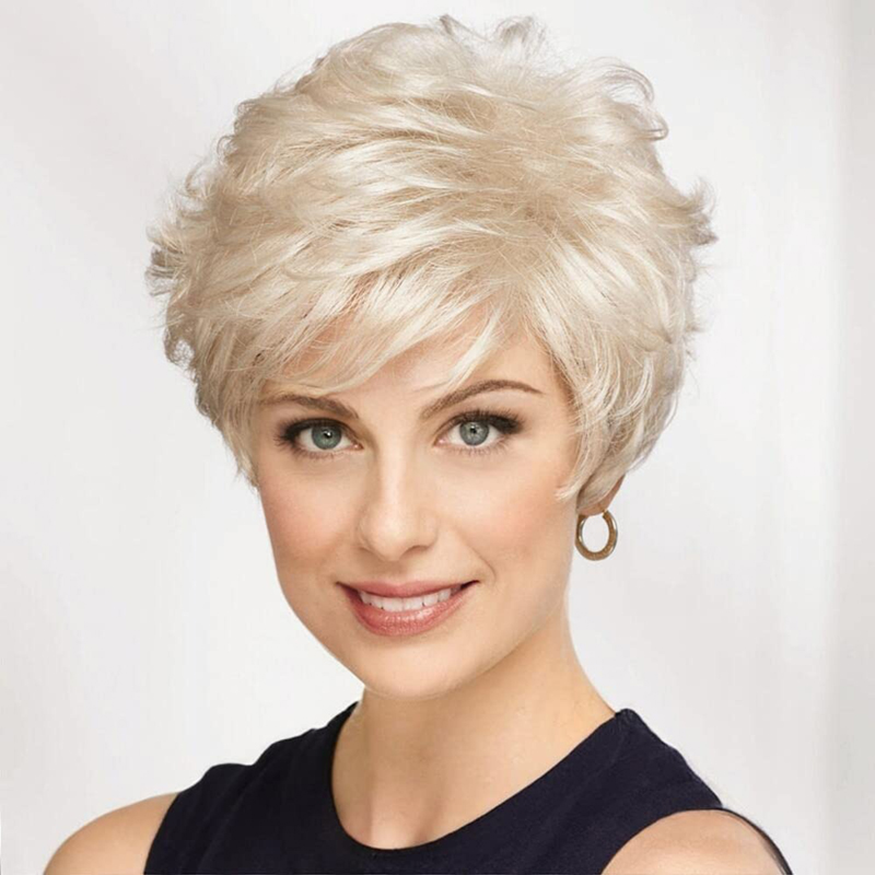 Perruques blondes platine pour femmes, perruque synthétique coupe lutin avec frange